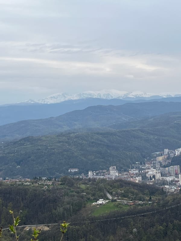 Elevated cityscape views captured over Gabrovo, Bulgaria