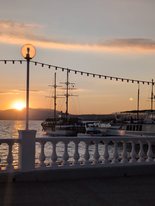 Golden hour evening at Gelendzhik's Black Sea embankment