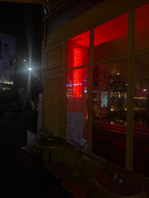 Nighttime Paris street walk captures restaurants, decorations, personal moments