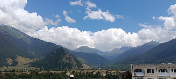 Panoramic views of Teberda's mountain valley on a clear morning