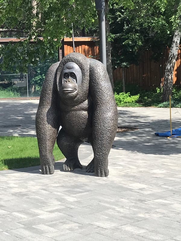 Bronze ape statue with heart gesture in Kharkiv plaza