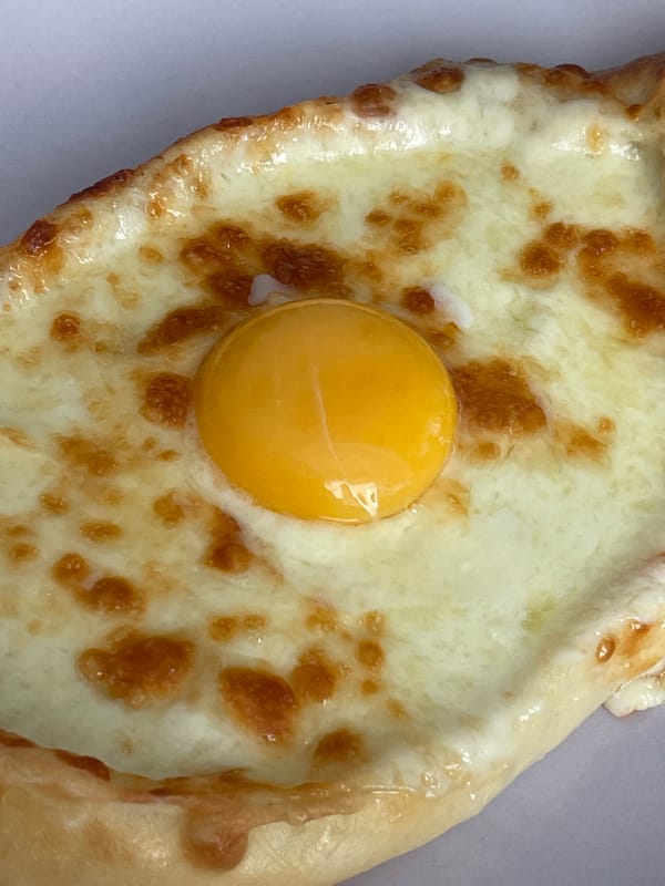 Close-up overhead look at a fresh khachapuri in Orenburg