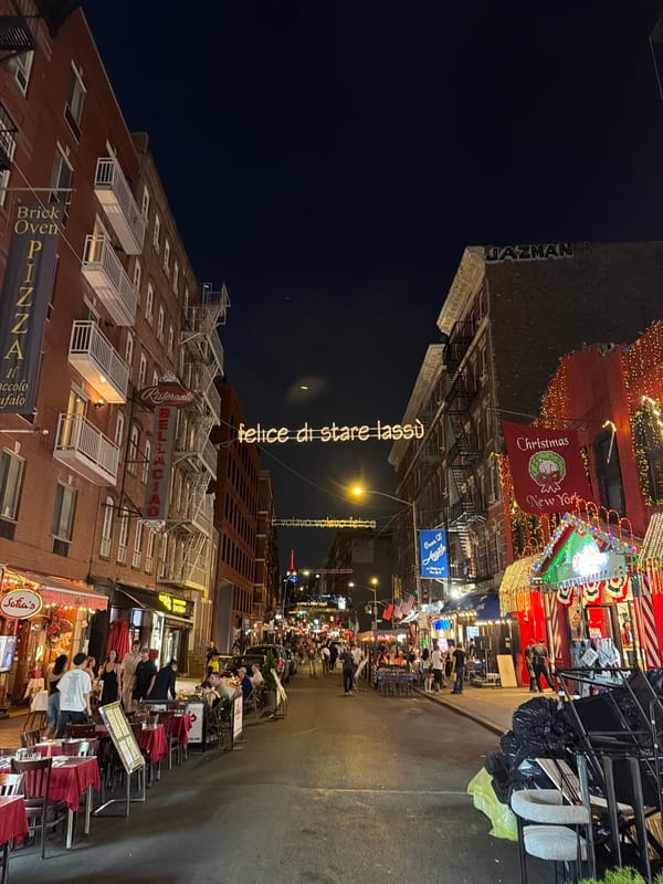 Little Italy's Mulberry Street lit up at night