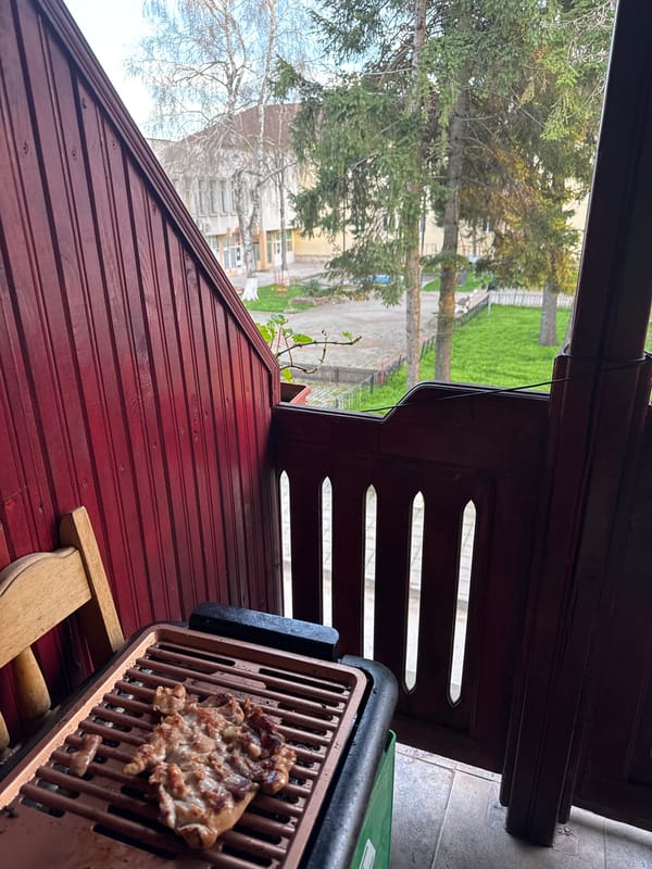 Outdoor grilling observed outside red-facade building in Dulovo, Bulgaria