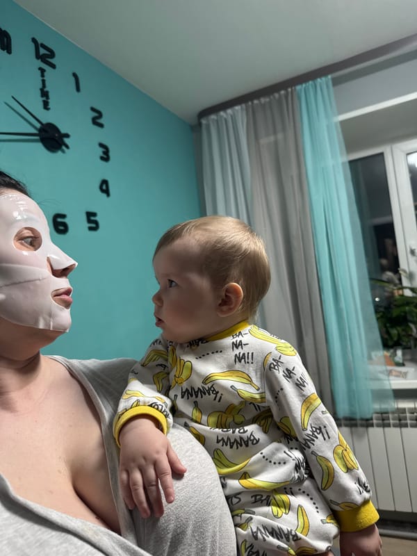 Woman enjoys skincare routine with child, burger meal in Russia