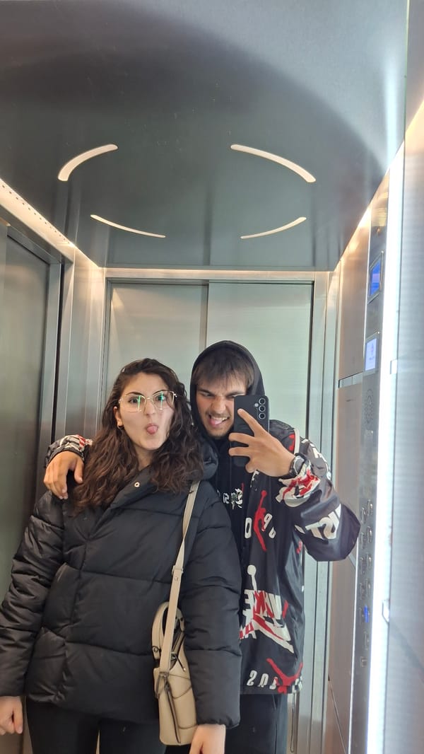 Elevator encounter and tulip bouquet captured in Varna