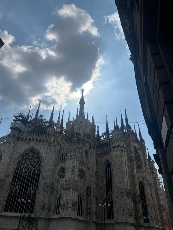 Milan Cathedral and film storefront photographed in afternoon
