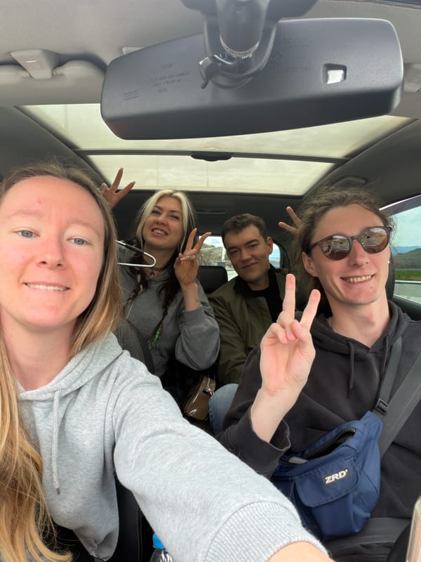 Four friends take selfie making peace signs in car