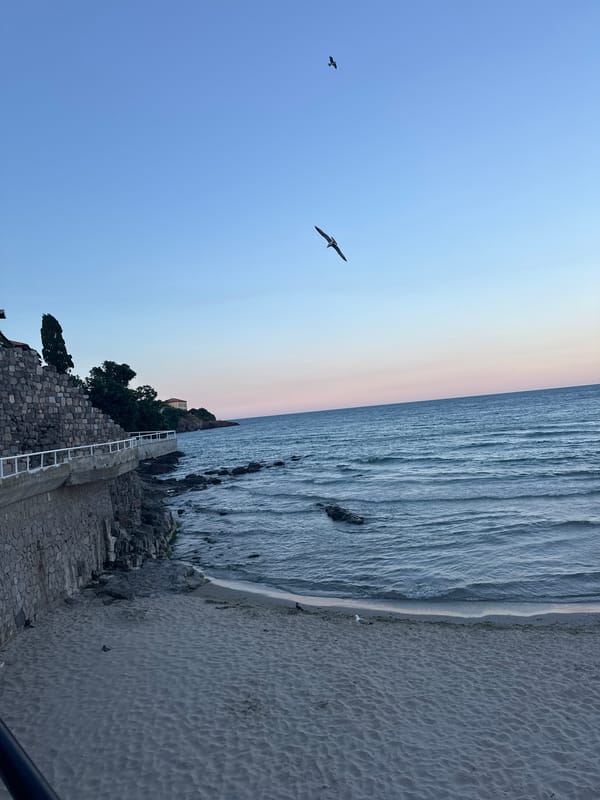 Sunset evening along Sozopol's Black Sea coast and Old Town