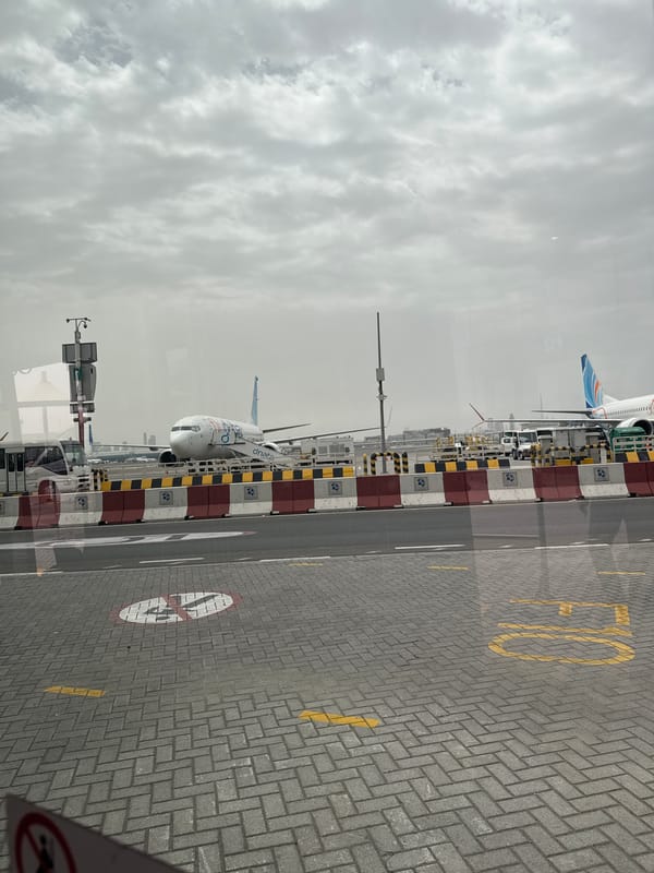 Two aircraft spotted on Dubai Airport tarmac through terminal window