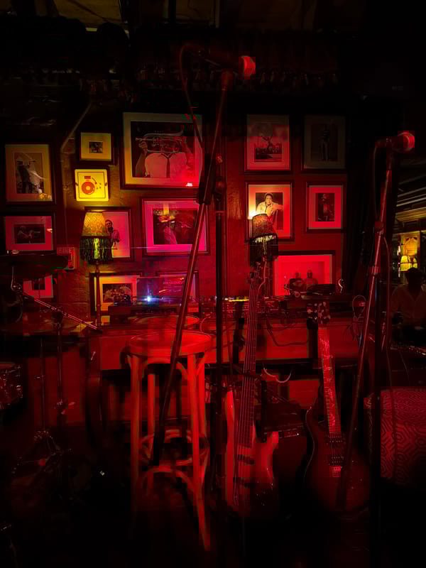 Red-lit music venue interior captured in Cape Town