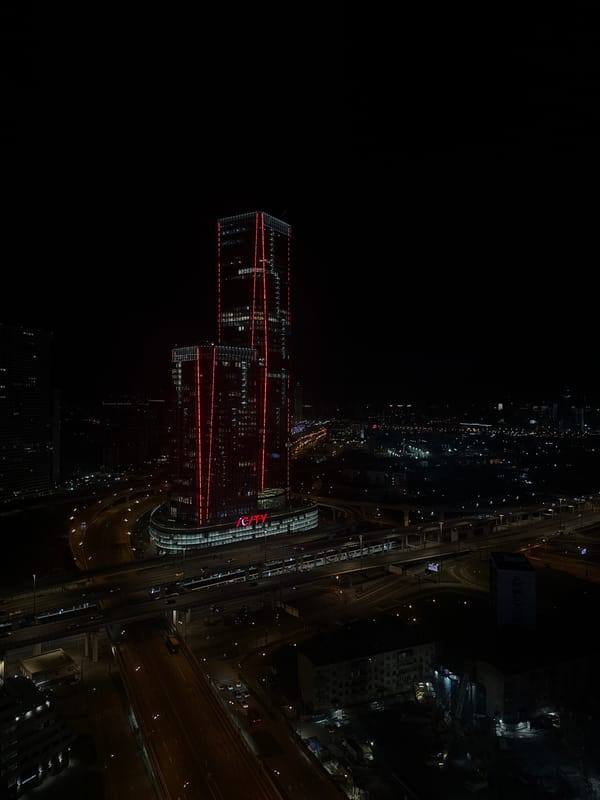 Nighttime aerial views captured of illuminated Khimki cityscape