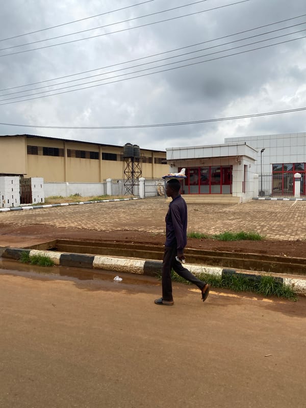 Daily street life documented in Nigerian towns, political poster spotted