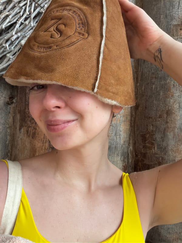Woman relaxes in swimwear at Russian countryside location