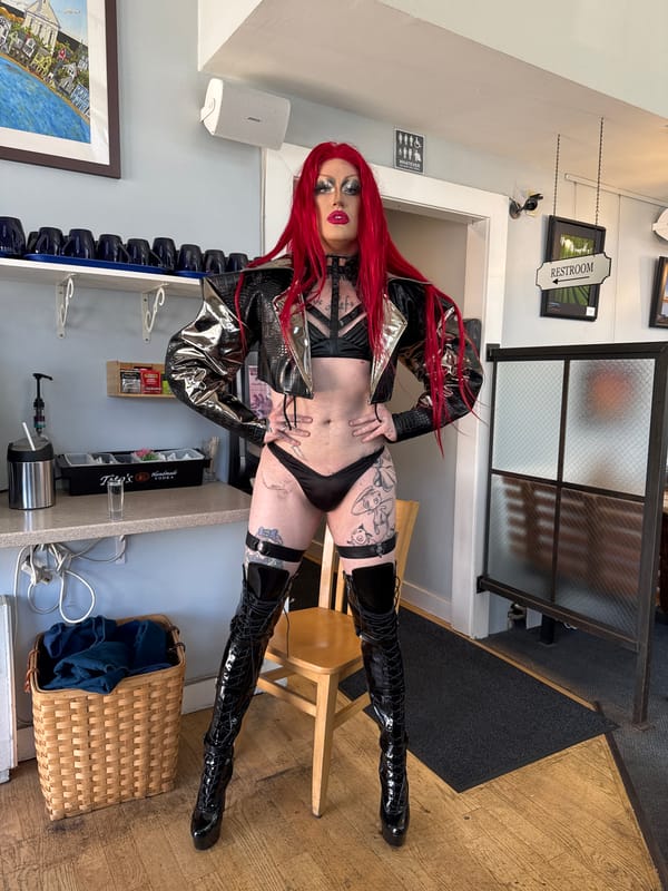 Drag performance underway at a Provincetown bar, mid-afternoon.