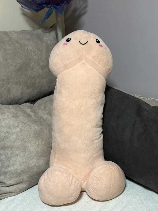 Person interacts with pink plush toy indoors