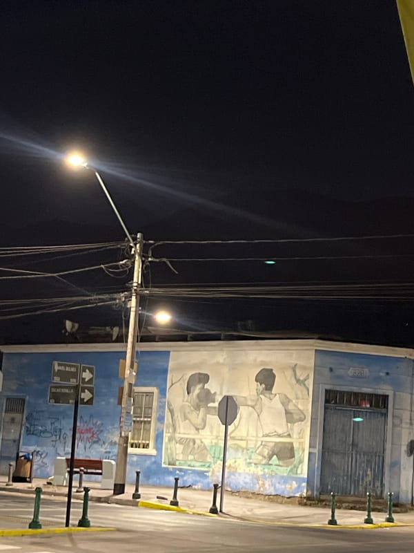 Nighttime street lamp illuminates building mural depicting human figures