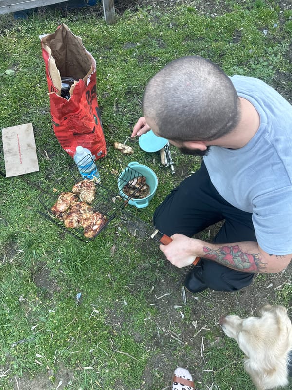 Man grills outdoors in grassy area in Kharkiv