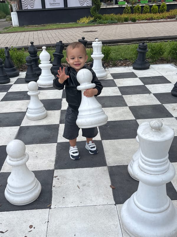 Toddler plays on public chess board in Etropole