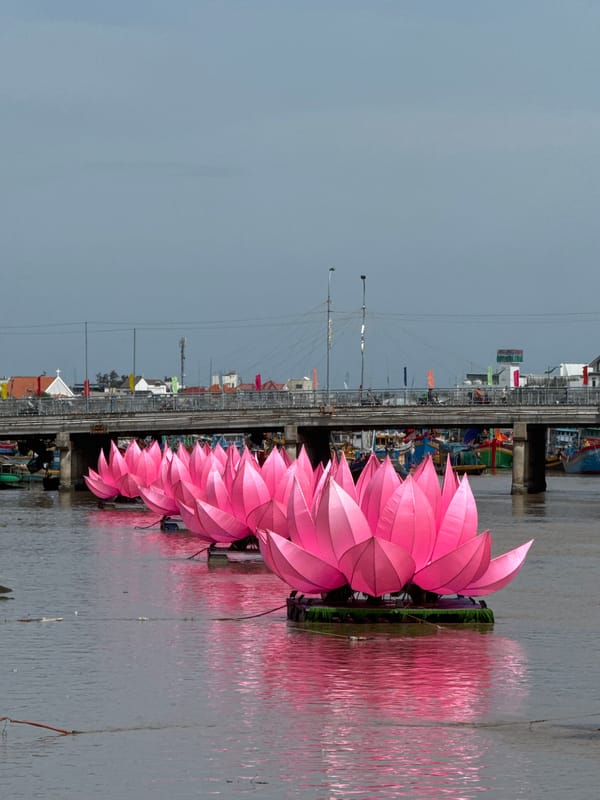 Giant pink lotus decorations line the Mui Ne River in Phan Thiết
