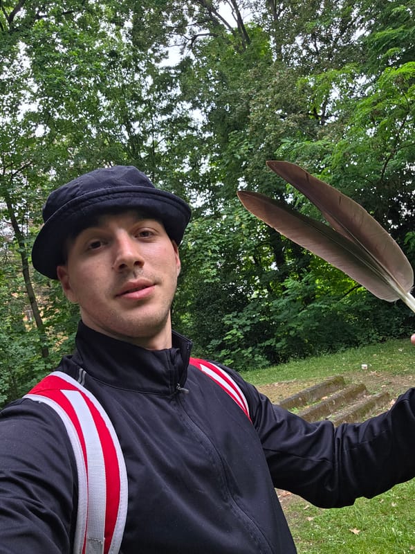 Young man with feathers spotted at outdoor fitness area