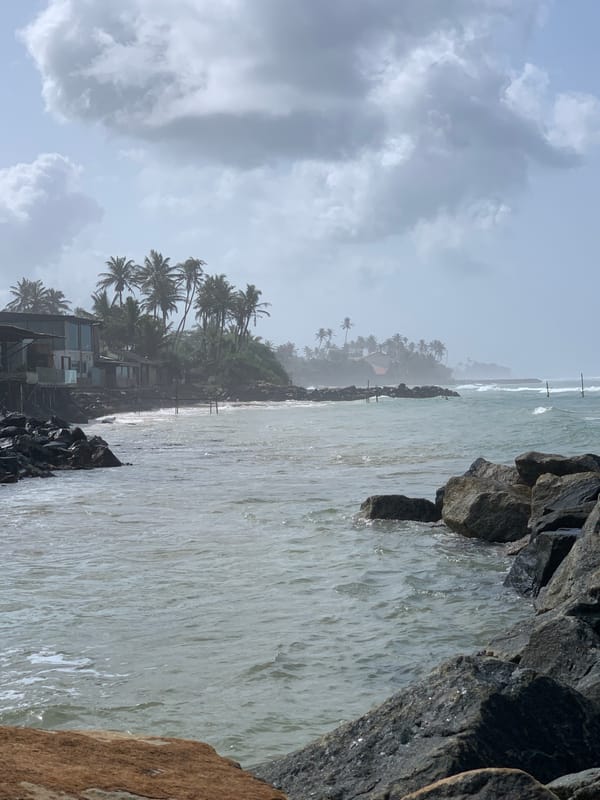 Ahangama coastline on a cloudy morning, rocks to beach