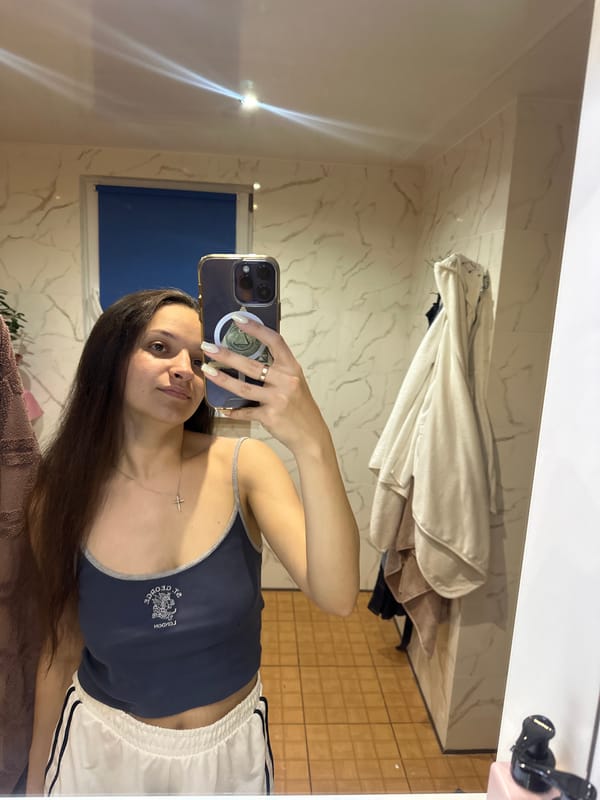 Mirror selfie series in a tiled bathroom, Postoyata