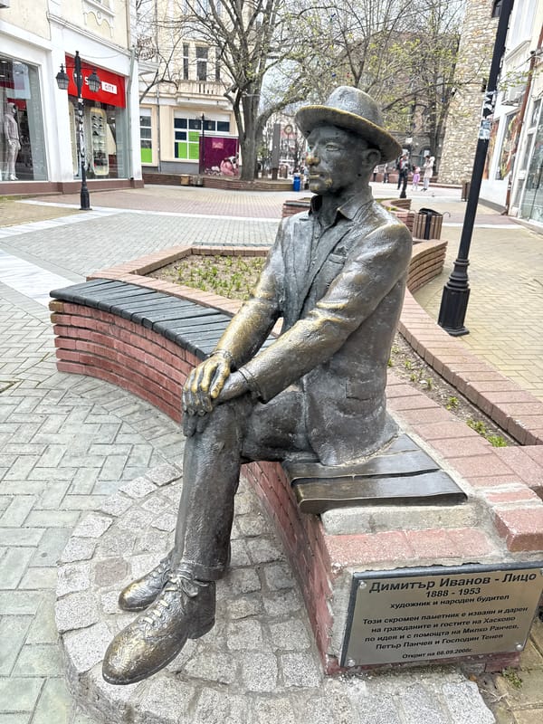 Visitor documents casual tour through Haskovo Bulgaria landmarks and shops