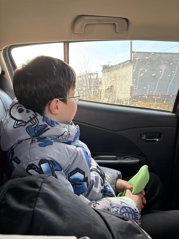 Child rests in car at railroad crossing in Russia