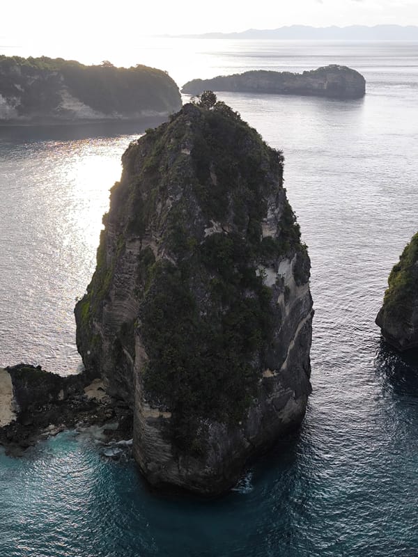 Aerial view captures rocky island near Nusa Penida, Indonesia