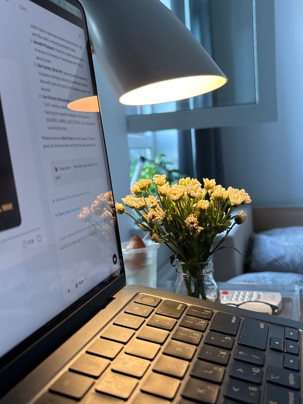 Home office coding day in Misaylovo, with flowers and city views