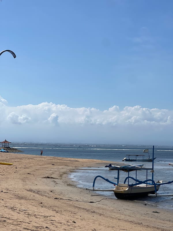 Busy Denpasar beachfront: bikes, boats, ducks, and daily life