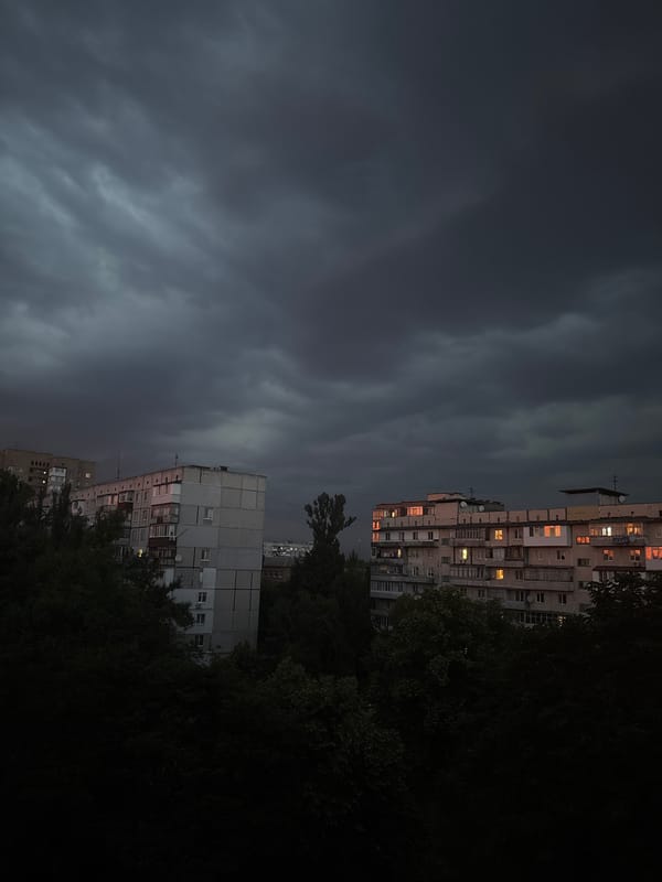 Storm clouds and sunset light over Bila Tserkva's residential skyline