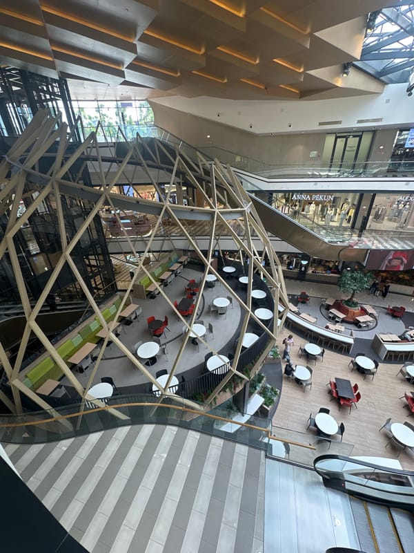 Morning documentation of Ukrainian shopping mall and restaurant interiors