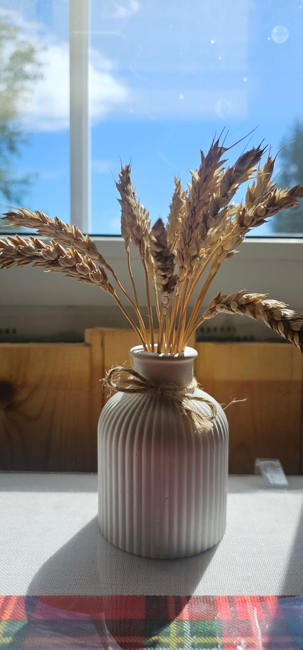Rustic still life with ceramic vases, wheat, and candle