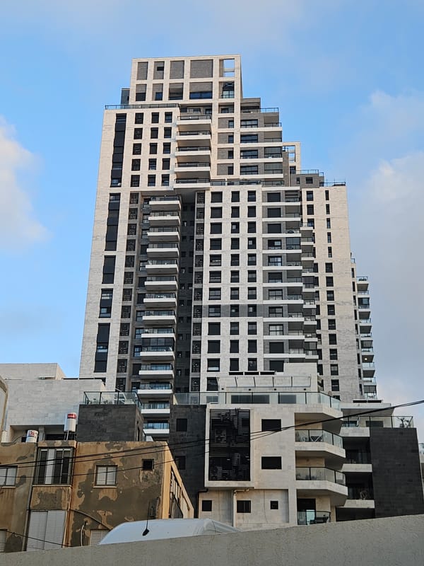 Bat Yam beachfront at golden hour, towers to shoreline