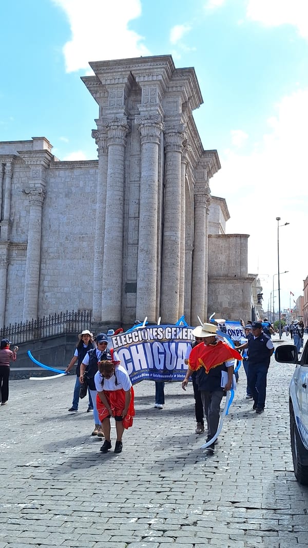 Electoral awareness parade features costumed performers in Arequipa, Peru