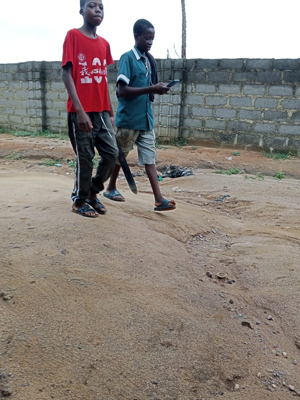 Young men walk dirt road in Zango-ndaji Nigeria morning
