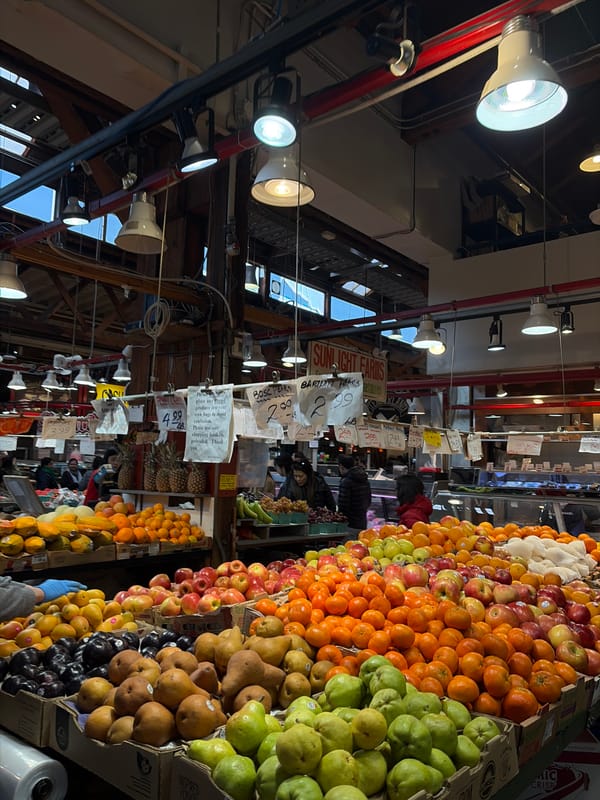 Late-night Granville Island market visit and Aquabus ferry journey documented