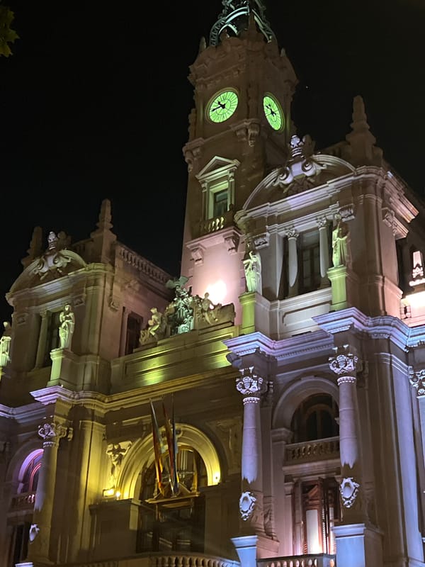 Valencia City Hall illuminated at night draws multiple observers