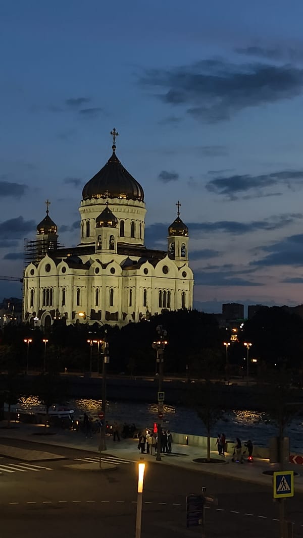 Moscow at dusk: golden domes and riverside flowers