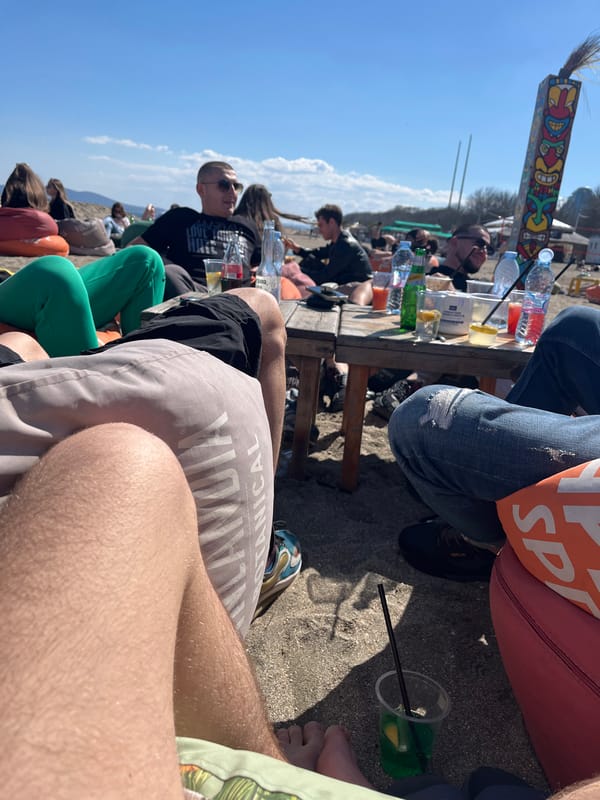 Beach gathering with drinks captured in Burgas, Bulgaria
