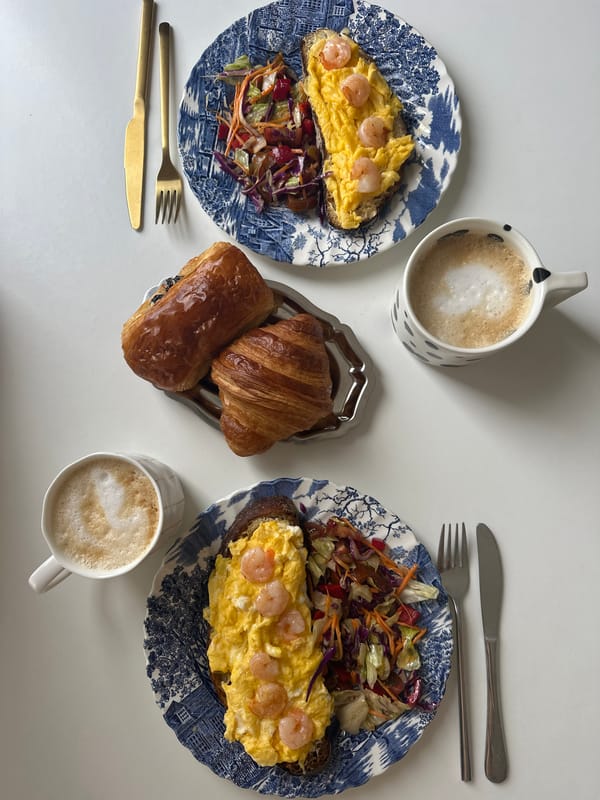 Breakfast with eggs and shrimp documented in Ramat Gan