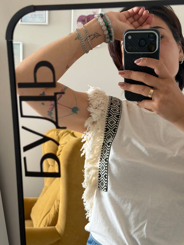 Mirror outfit selfies with a detail shot of floral tattoos