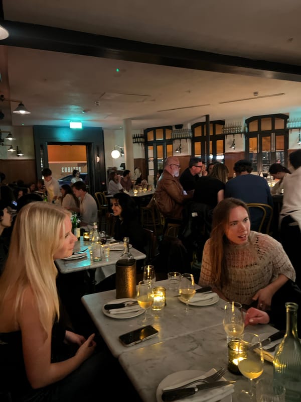 Busy restaurant scene captured in London during evening hours