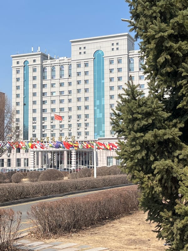 Flag-decorated building and parked vehicles observed in Changchun