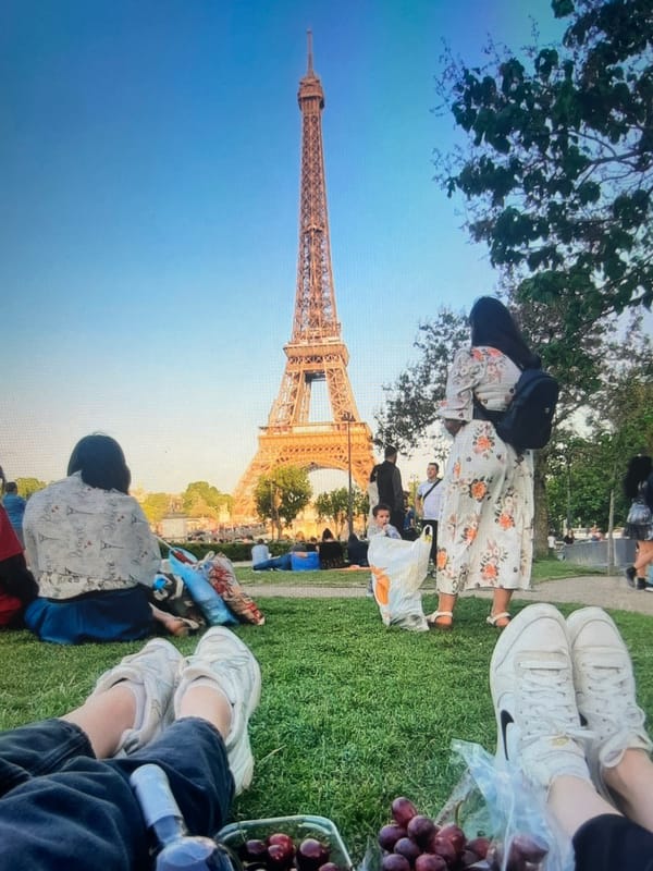 Picnic on the grass near the Eiffel Tower