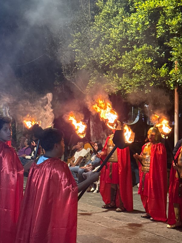 Roman soldier procession with torches in San Andrés Cholula