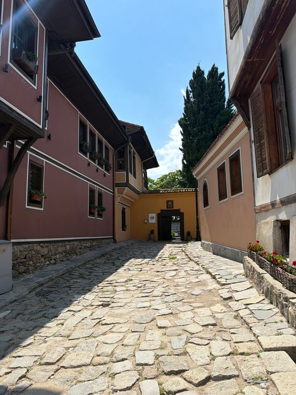 Tourist documents afternoon walk through historic Plovdiv Old Town