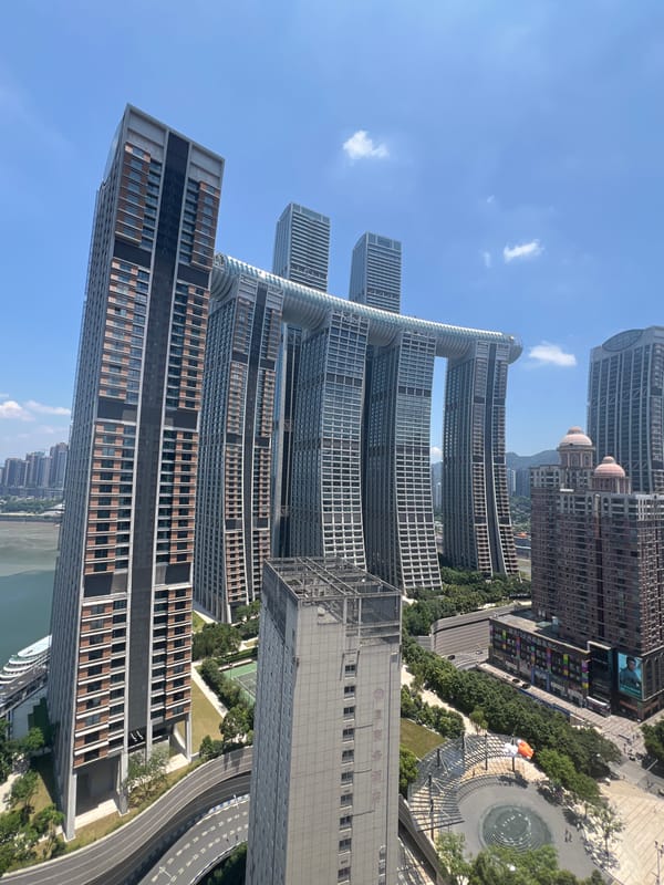 Aerial views of Raffles City Chongqing and its river confluence